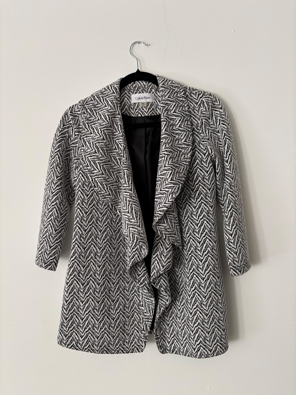 Calvin Klein Womens 4P Black White Chevron Tweed Open Front Drape Blazer Jacket